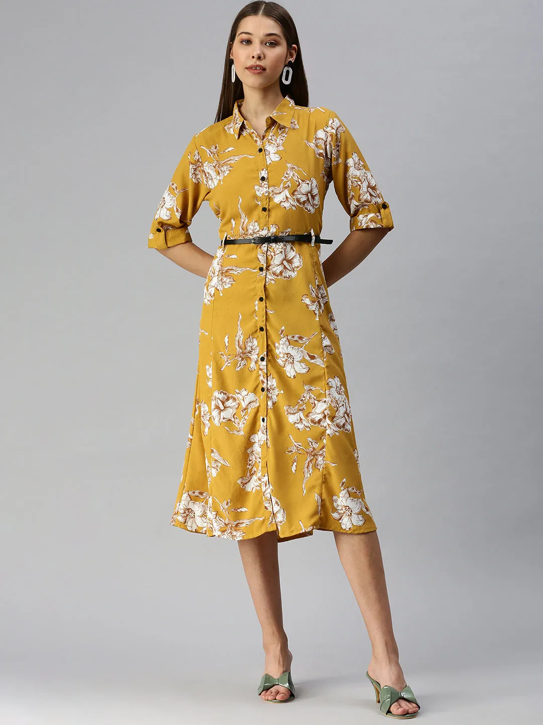 Women Printed Fit and Flare Mustard Dress