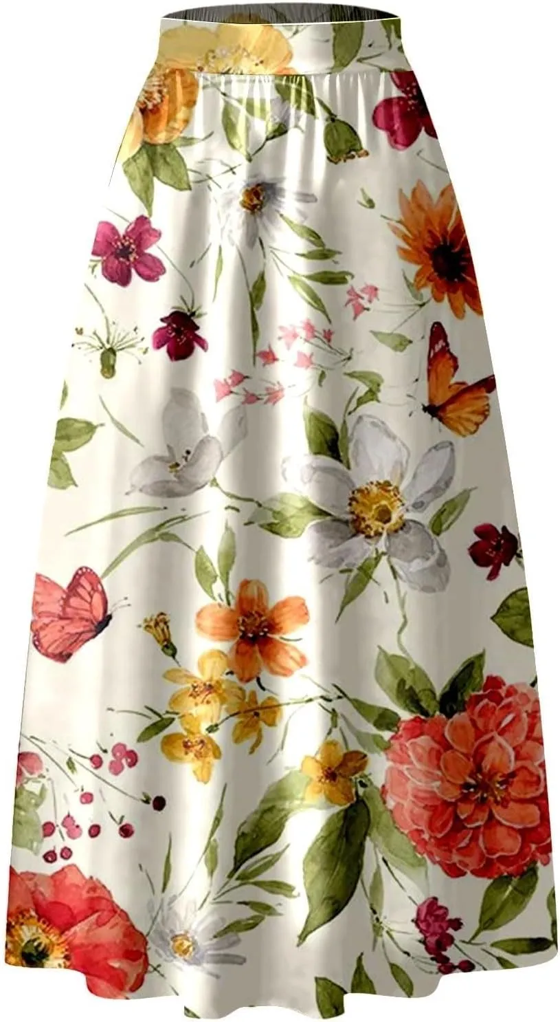 Womens Bohemian Flowy Floral Print Boho Long Maxi Skirts for Women Trendy Summer Casual Pleated Skirt Dress 2025