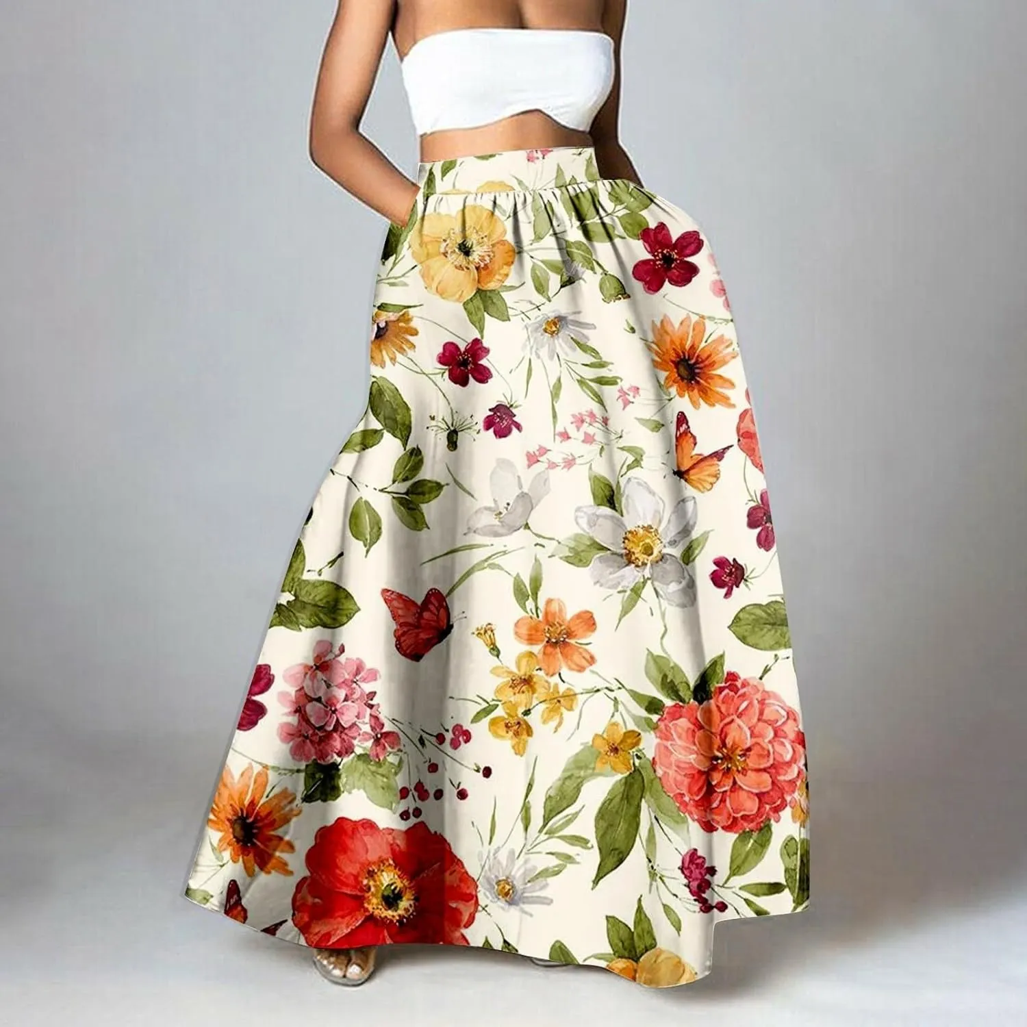 Womens Bohemian Flowy Floral Print Boho Long Maxi Skirts for Women Trendy Summer Casual Pleated Skirt Dress 2025