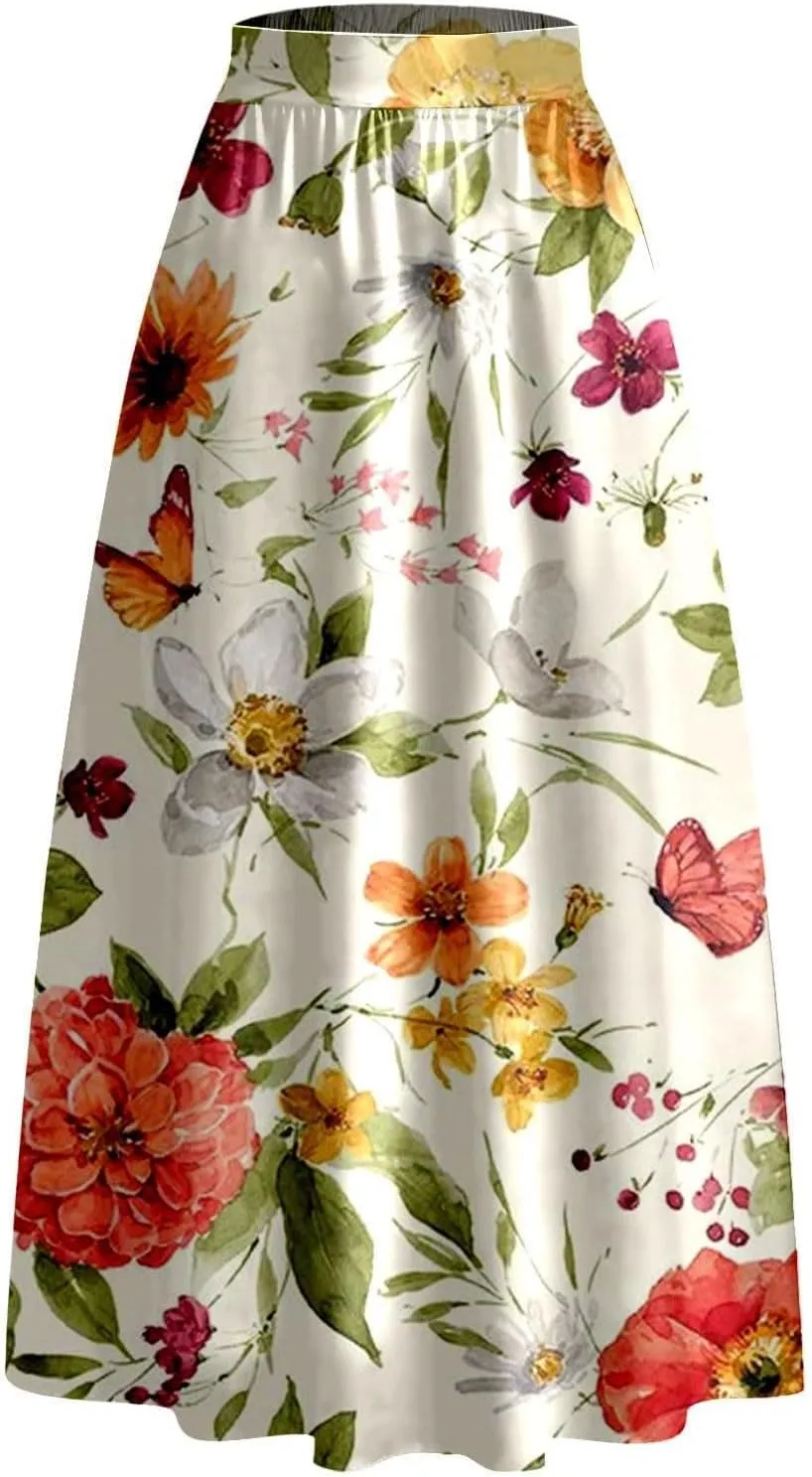 Womens Bohemian Flowy Floral Print Boho Long Maxi Skirts for Women Trendy Summer Casual Pleated Skirt Dress 2025