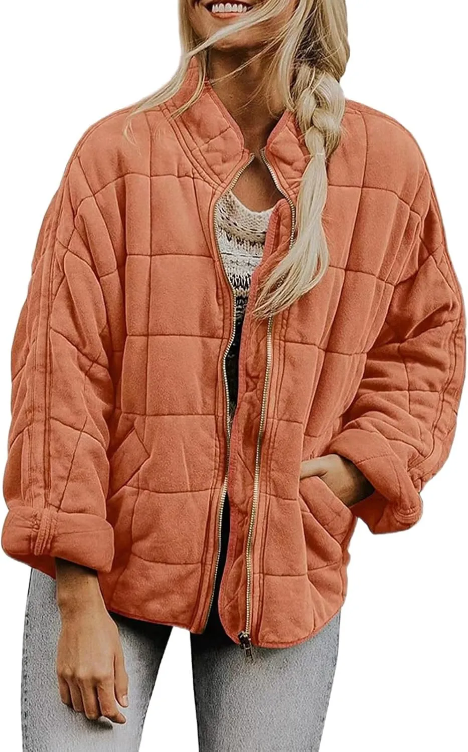 Women's Quilted Lightweight Jackets Diamond Puffer Padded Coat Winter 2023 Stand Collar Warm Trendy Coats Long Sleeve