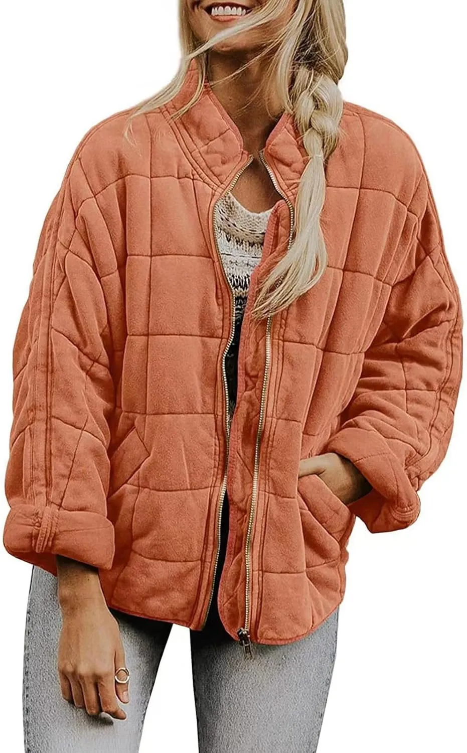 Women's Quilted Lightweight Jackets Diamond Puffer Padded Coat Winter 2023 Stand Collar Warm Trendy Coats Long Sleeve