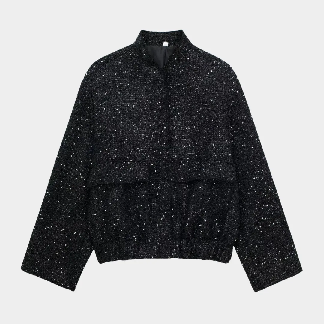 Women's Sequined Bomber Jacket  Long Sleeve  Zip-Up  Stretch Hem  Chic Outerwear  Multiple Colours