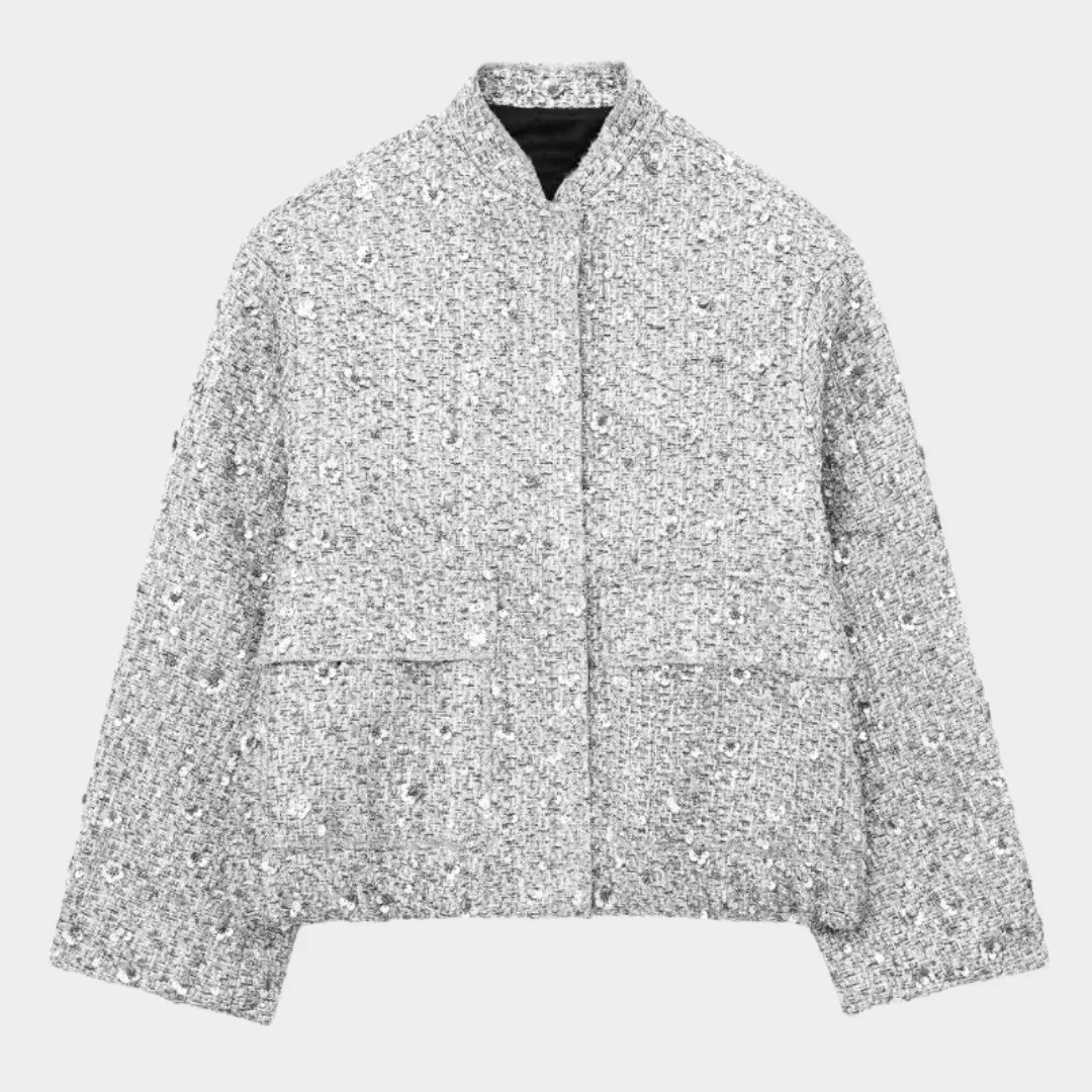 Women's Sequined Bomber Jacket  Long Sleeve  Zip-Up  Stretch Hem  Chic Outerwear  Multiple Colours