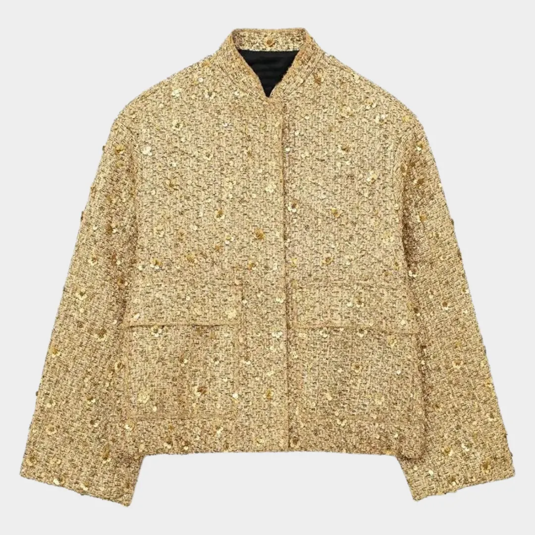 Women's Sequined Bomber Jacket  Long Sleeve  Zip-Up  Stretch Hem  Chic Outerwear  Multiple Colours