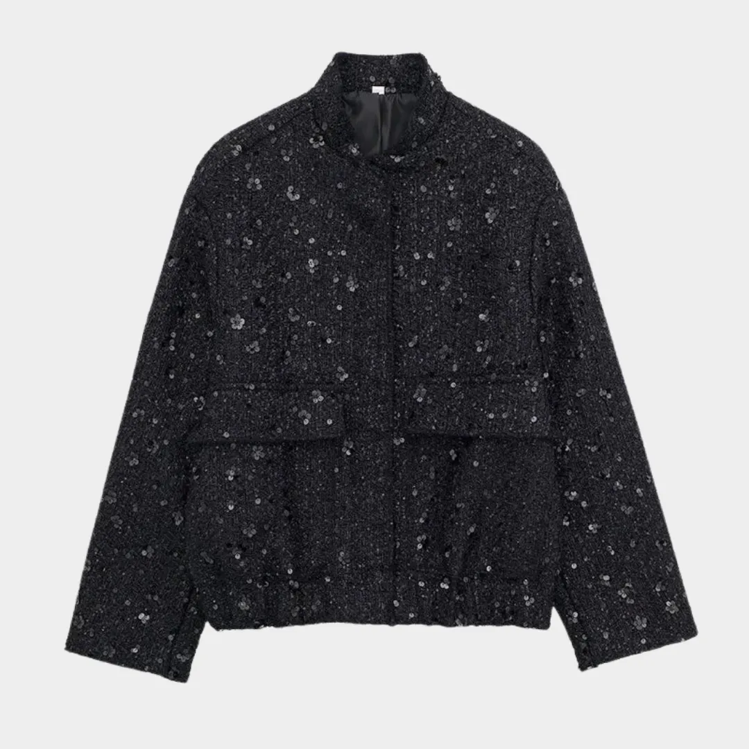 Women's Sequined Bomber Jacket  Long Sleeve  Zip-Up  Stretch Hem  Chic Outerwear  Multiple Colours