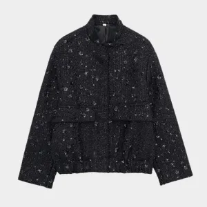 Women's Sequined Bomber Jacket  Long Sleeve  Zip-Up  Stretch Hem  Chic Outerwear  Multiple Colours