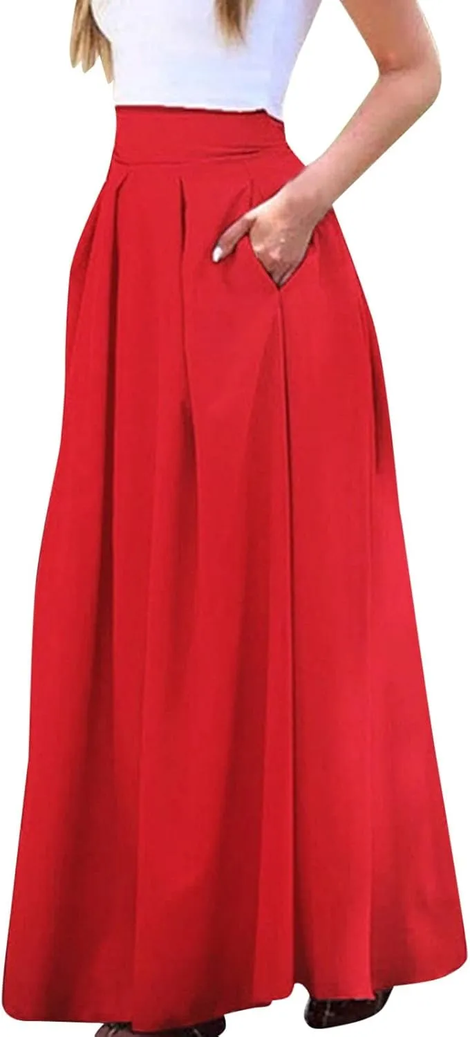 Womens Skirt for Going Out Summer Pleated High Elastic Waist Solid Color A-Line Long Maxi Skirts for Women Trendy