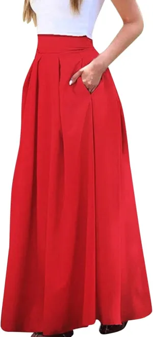 Womens Skirt for Going Out Summer Pleated High Elastic Waist Solid Color A-Line Long Maxi Skirts for Women Trendy