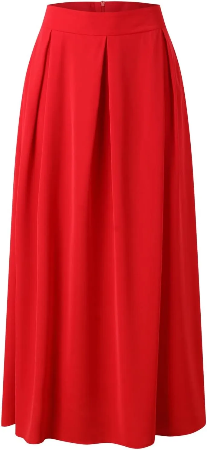 Womens Skirt for Going Out Summer Pleated High Elastic Waist Solid Color A-Line Long Maxi Skirts for Women Trendy