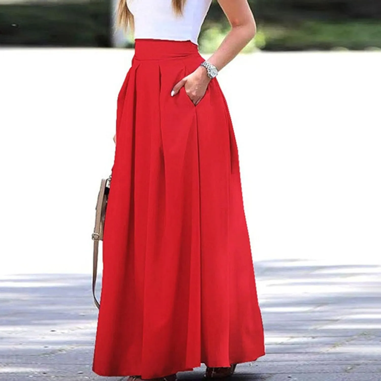 Womens Skirt for Going Out Summer Pleated High Elastic Waist Solid Color A-Line Long Maxi Skirts for Women Trendy