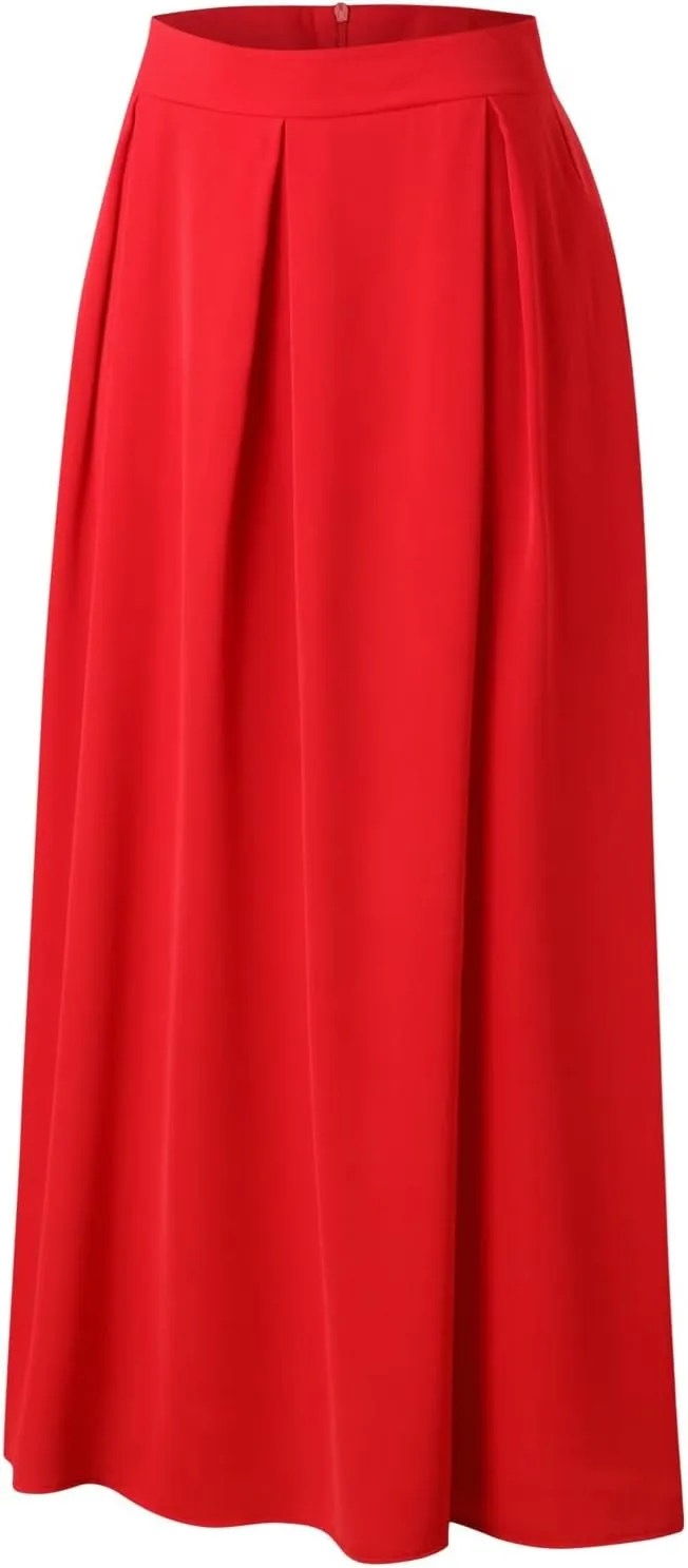 Womens Skirt for Going Out Summer Pleated High Elastic Waist Solid Color A-Line Long Maxi Skirts for Women Trendy