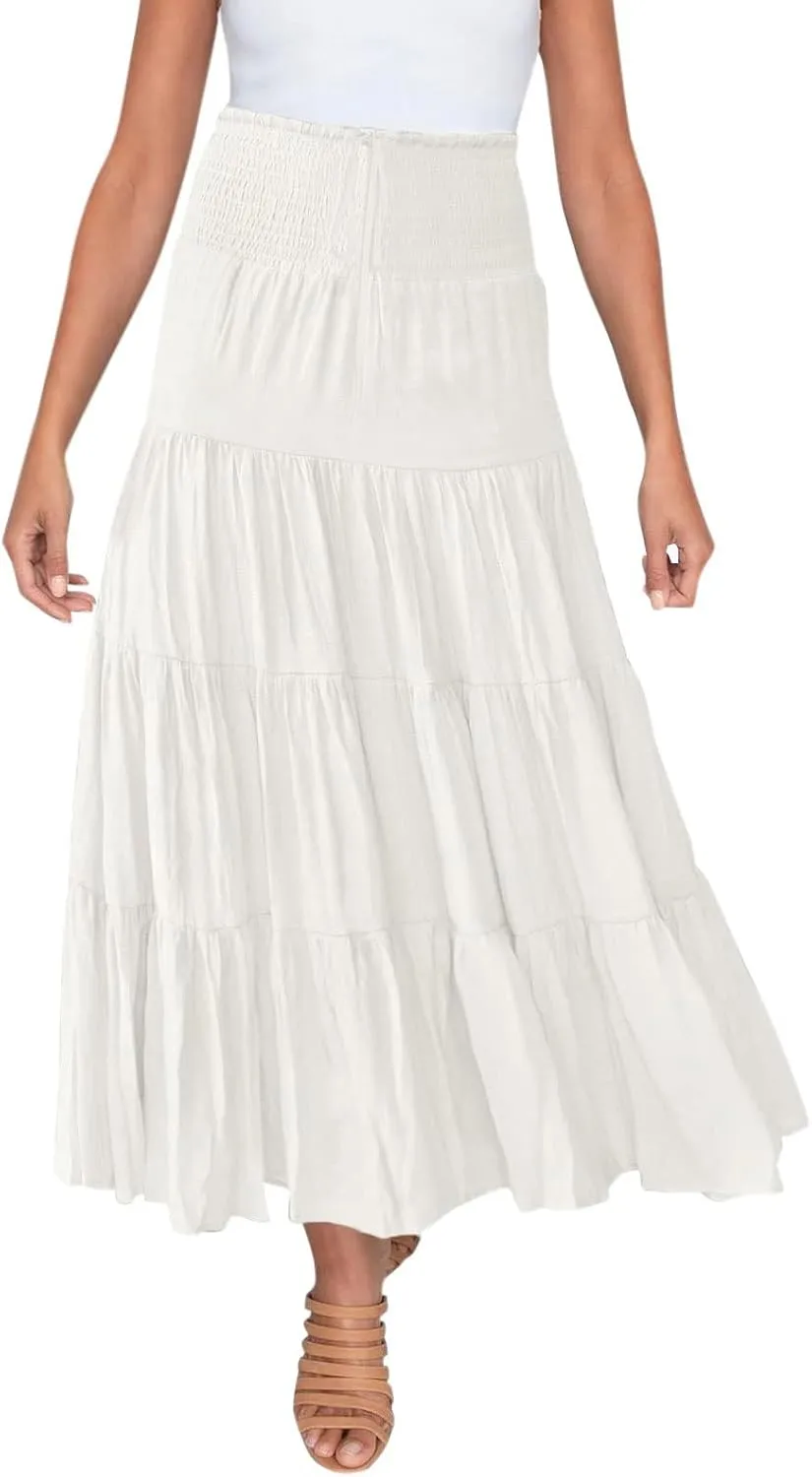 Women's Summer Flowy Boho Maxi Skirt Trendy Smocked Waist Ruffle Tiered A Line Casual Beach Long Skirts Midi Dress