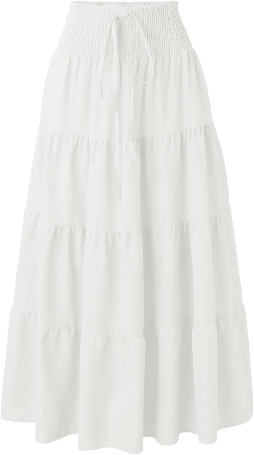 Women's Summer Flowy Boho Maxi Skirt Trendy Smocked Waist Ruffle Tiered A Line Casual Beach Long Skirts Midi Dress