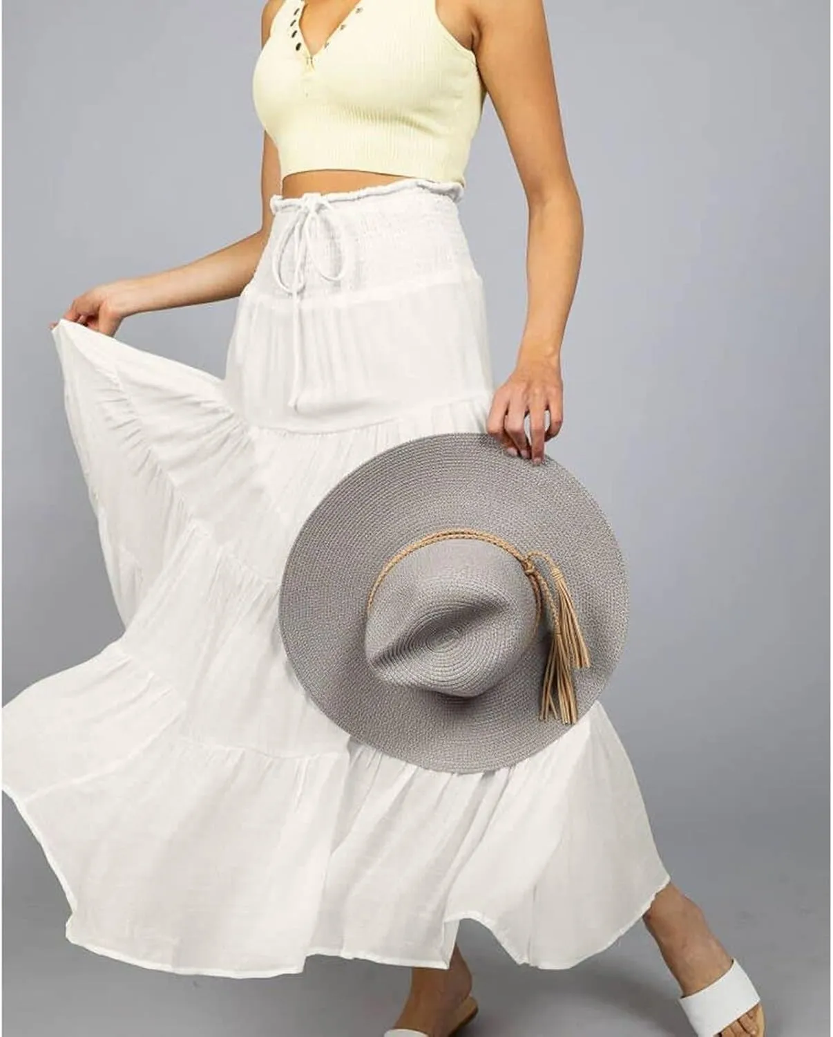 Women's Summer Flowy Boho Maxi Skirt Trendy Smocked Waist Ruffle Tiered A Line Casual Beach Long Skirts Midi Dress