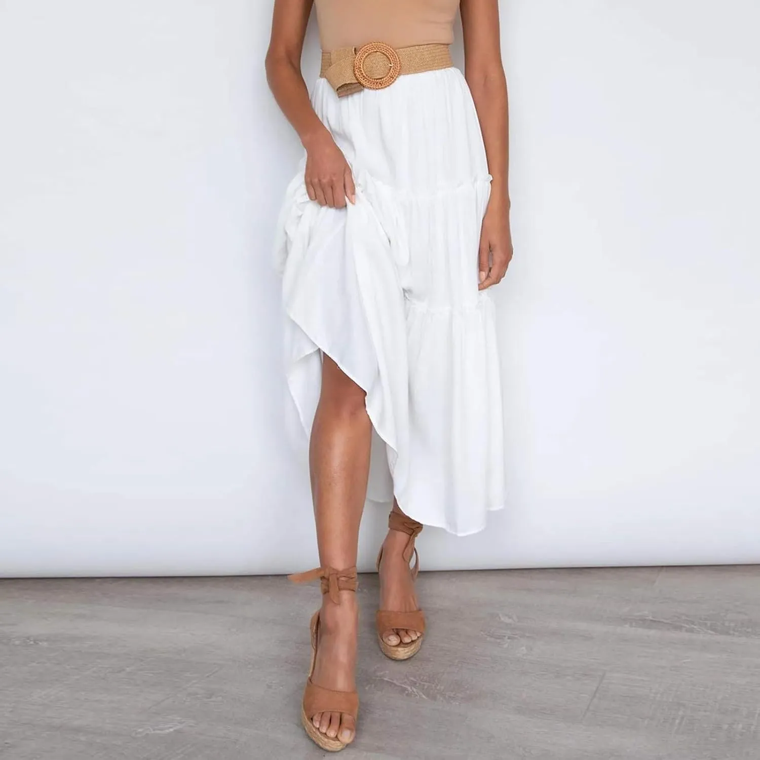 Women's Summer Flowy Boho Maxi Skirt Trendy Smocked Waist Ruffle Tiered A Line Casual Beach Long Skirts Midi Dress
