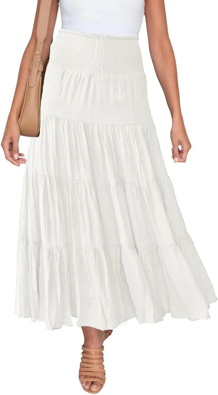 Women's Summer Flowy Boho Maxi Skirt Trendy Smocked Waist Ruffle Tiered A Line Casual Beach Long Skirts Midi Dress