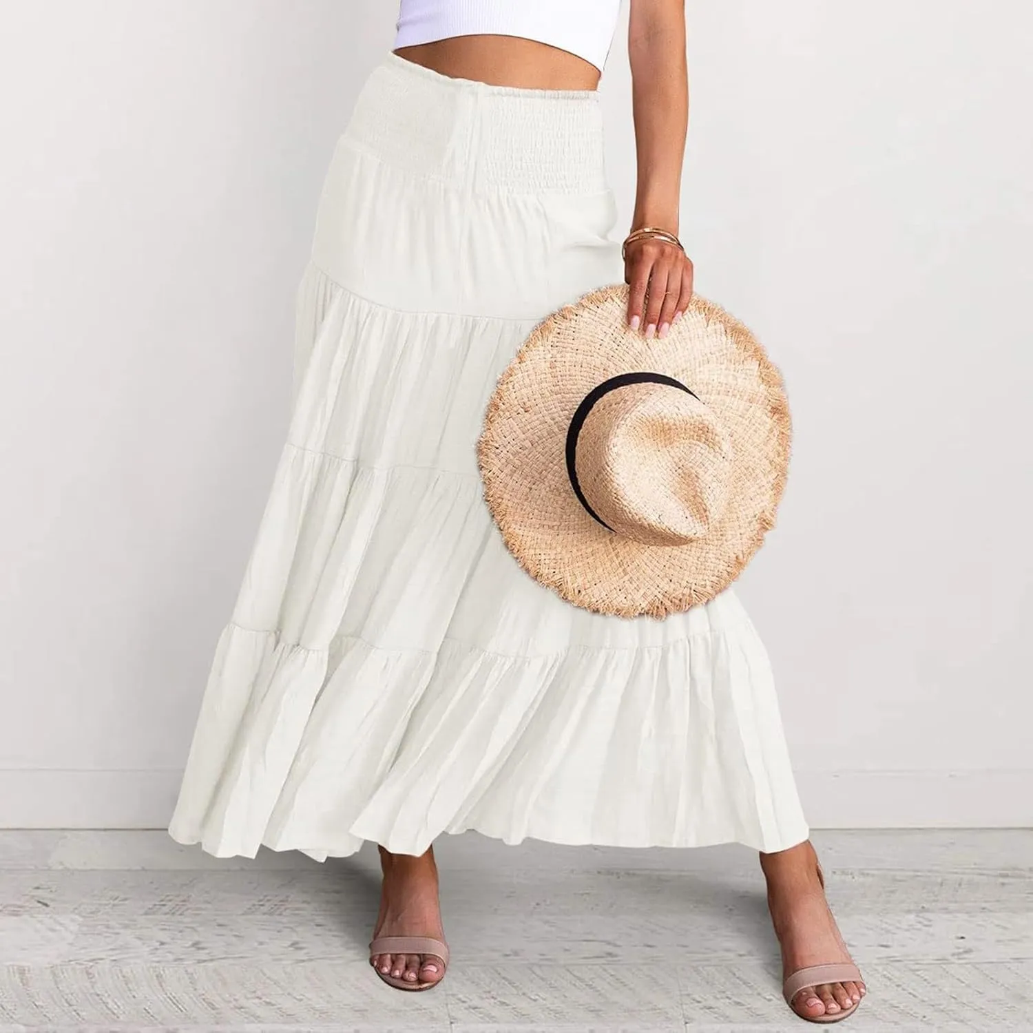 Women's Summer Flowy Boho Maxi Skirt Trendy Smocked Waist Ruffle Tiered A Line Casual Beach Long Skirts Midi Dress