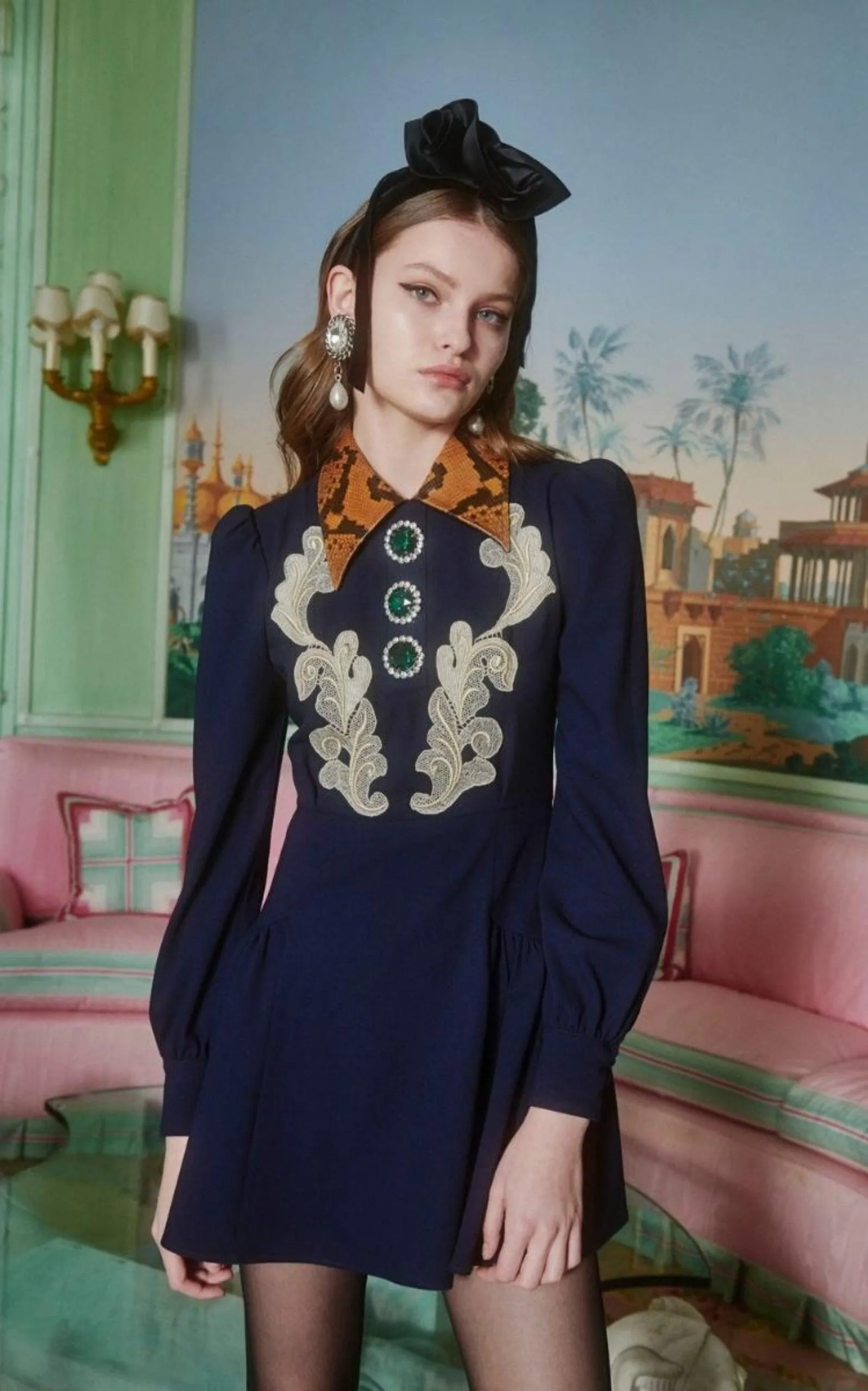 Wool Crepe Mini Dress With Python Print Collar