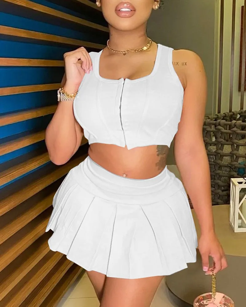 Zip Front Corset Crop Top & Skirt Sets