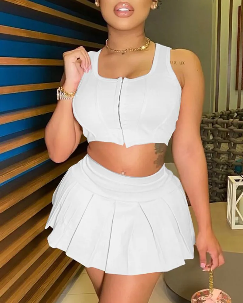 Zip Front Corset Crop Top & Skirt Sets