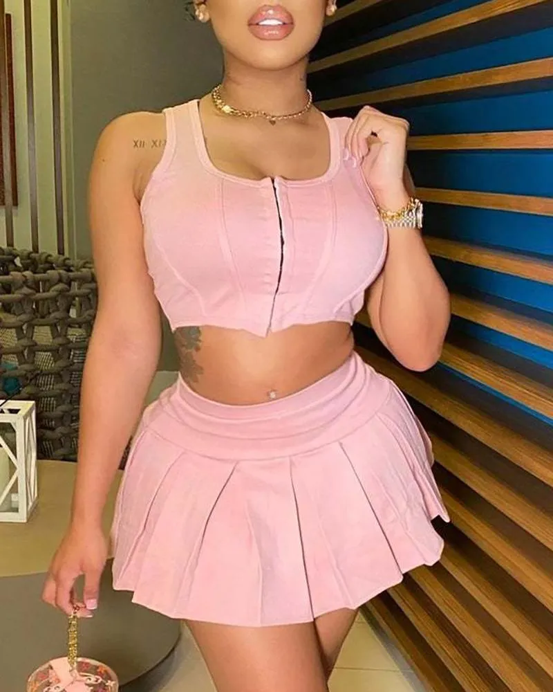 Zip Front Corset Crop Top & Skirt Sets